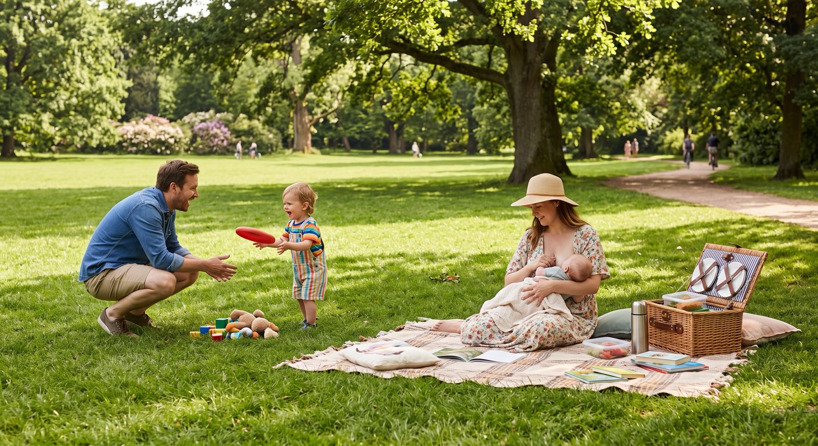 Family enjoying a picnic in the park with a toddler and a newborn