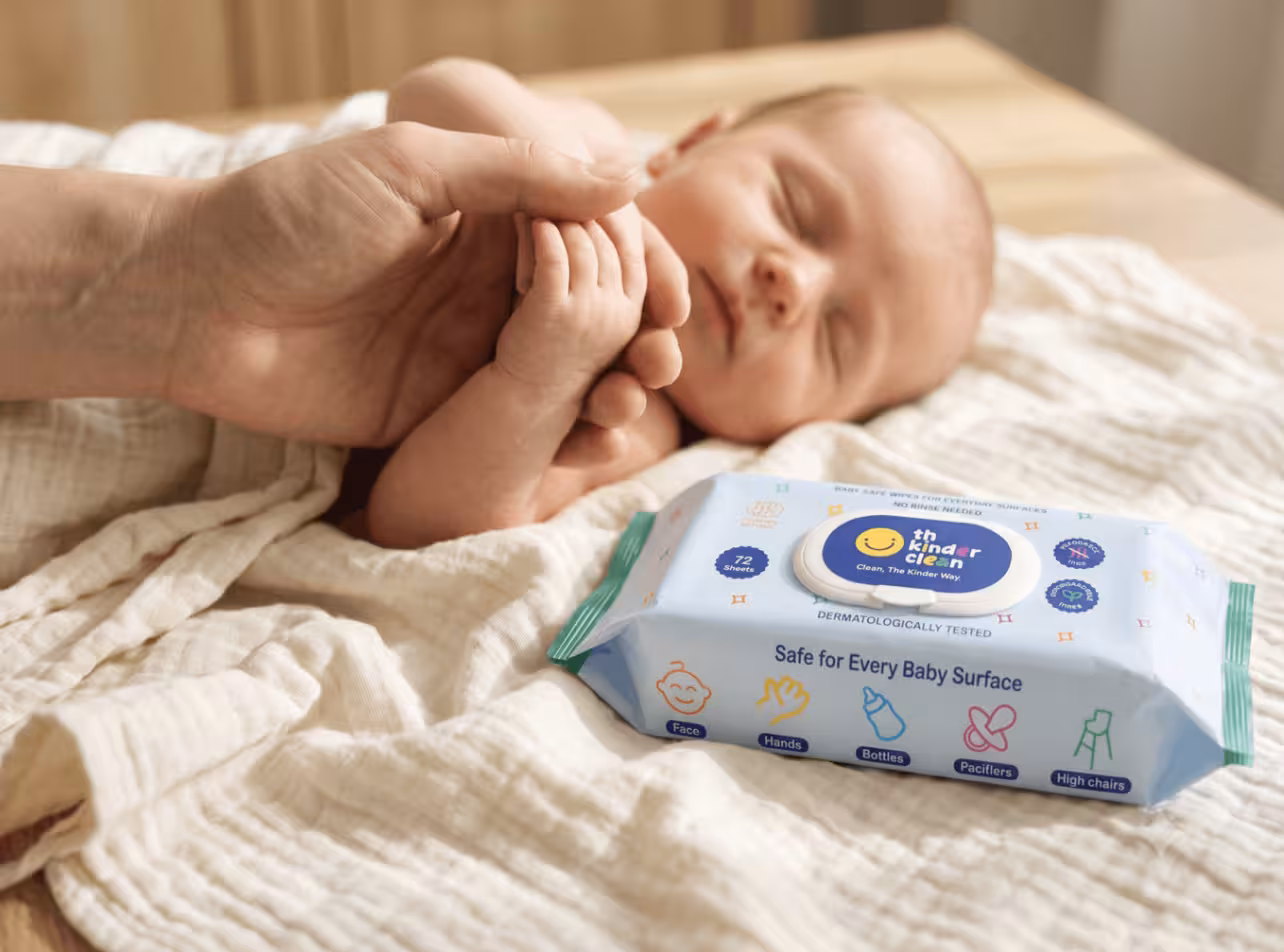 Parent holding a sleeping newborn's hand next to a Kinder Clean wipes pack