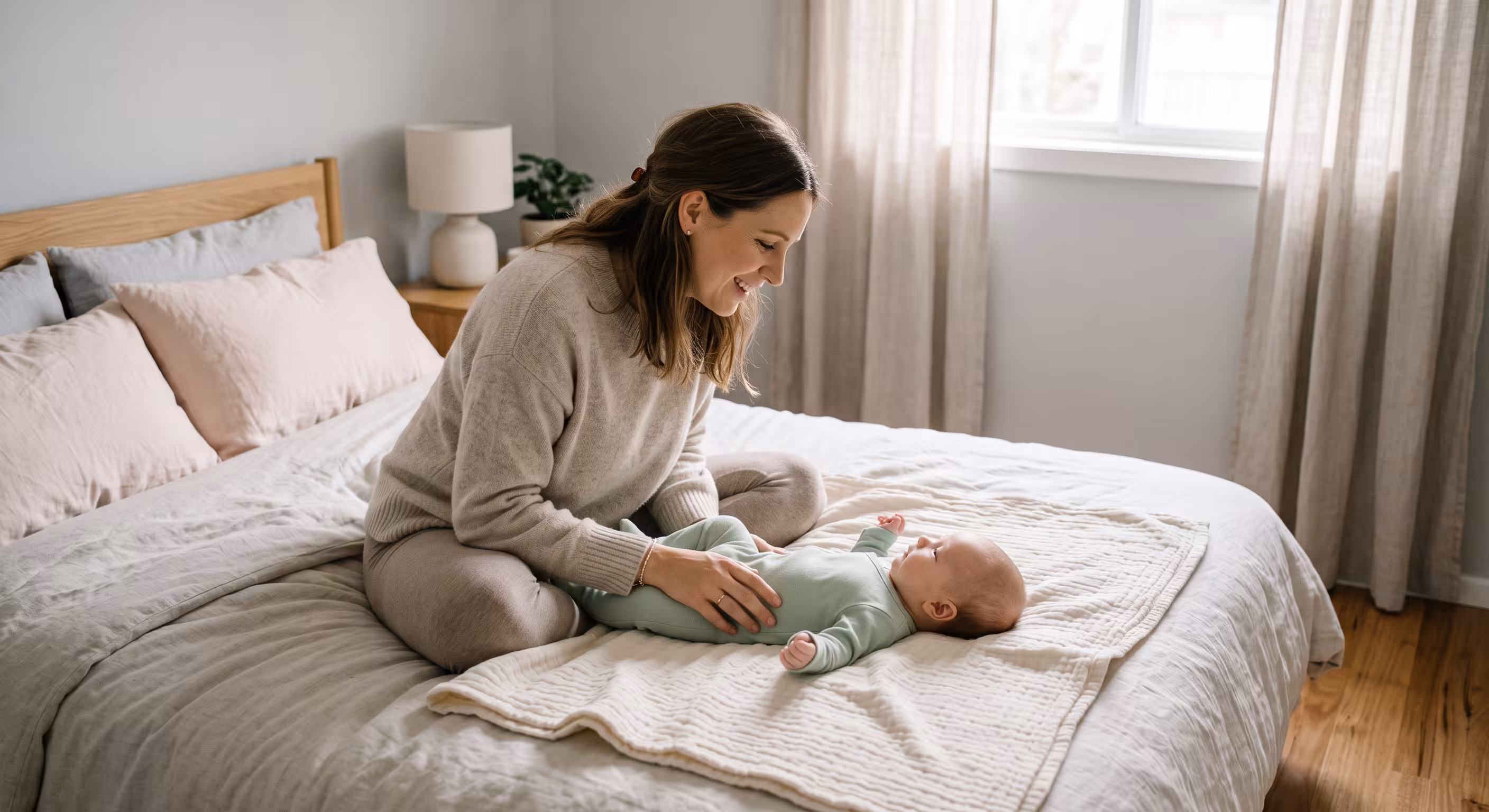 Parent playing with a happy baby on the bed at home