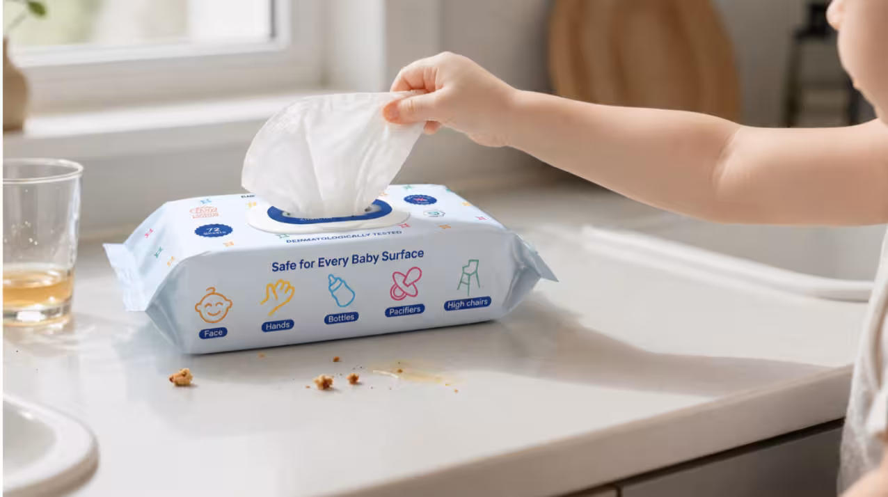 Toddler reaching for a Kinder Clean wipe to clean up spilled food on the kitchen counter