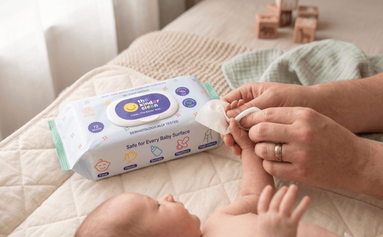 Parent gently wiping a newborn's hand with a Kinder Clean wipe on the changing table