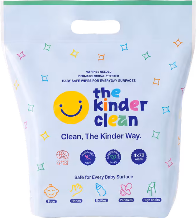 Several The Kinder Clean wipe packs stacked together