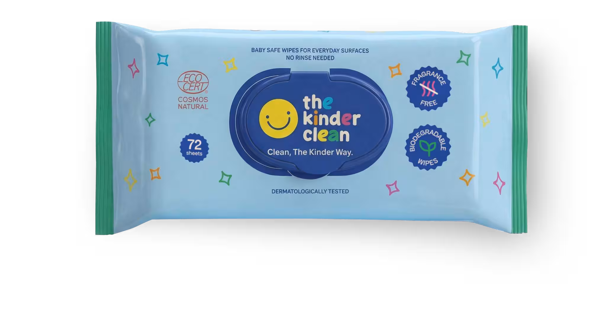 The Kinder Clean 72-count resealable wipe pack, top view