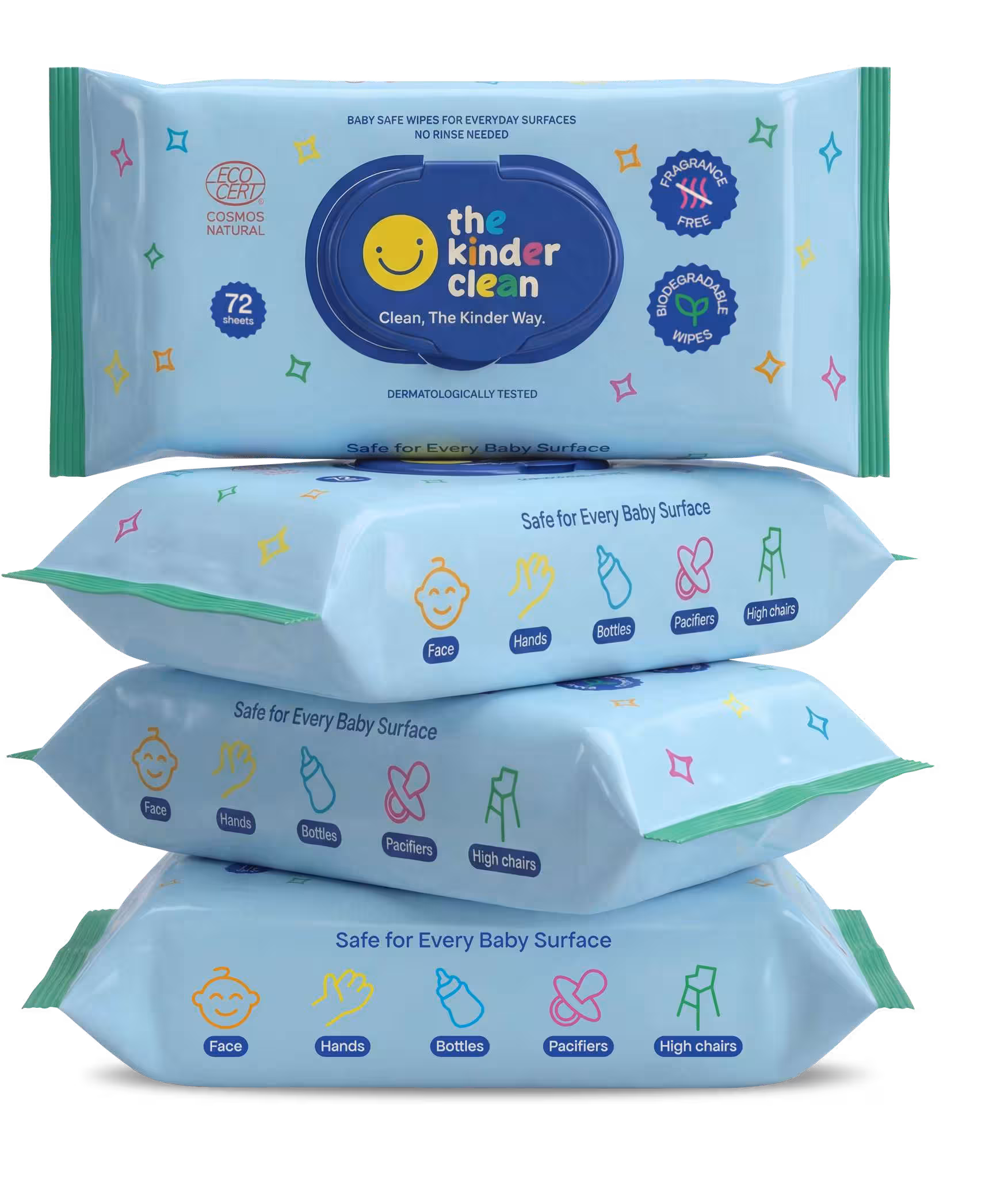 Several The Kinder Clean wipe packs stacked together
